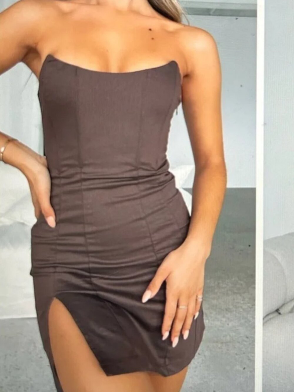 White Fox Change The Tune Mini Dress in Chocolate Brown
